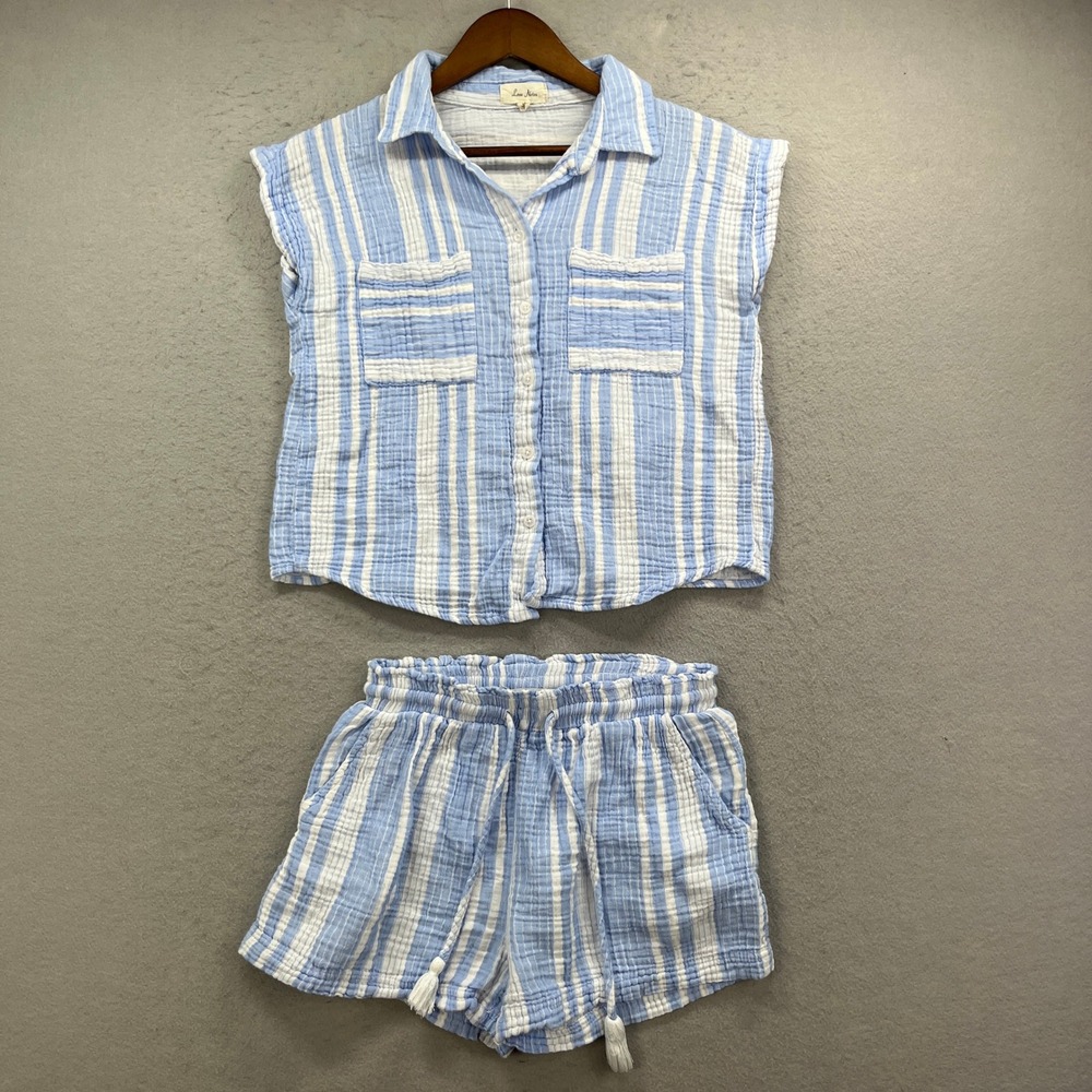 Love Notes Pajama Set Women Medium Blue Stripe Gauze Shorts Lounge Two Piece Pjs